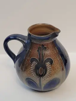 Vtg Wim Muhlendyck Handdecorated Salt Glazed Ceramic Handled Jug Pitcher Vase West Germany # 431B Thistle and Glowing Sun