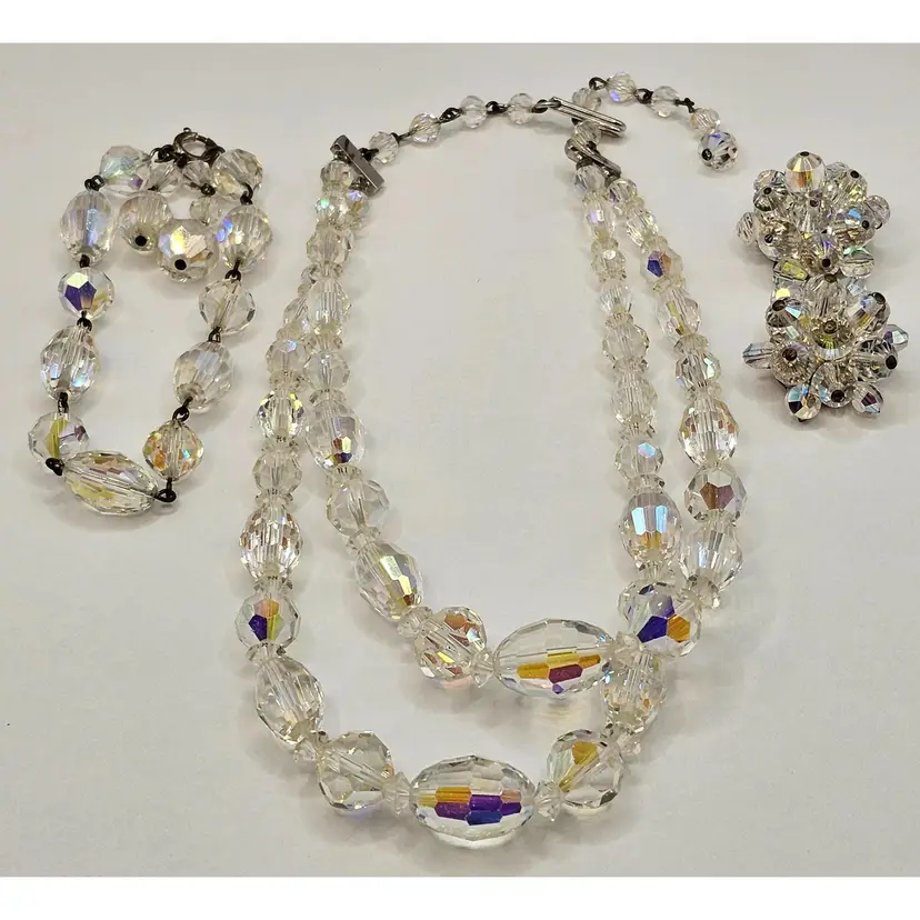 Vintage Aurora Borealis Glass Beaded Necklace, Bracelet and Clip Earring Set