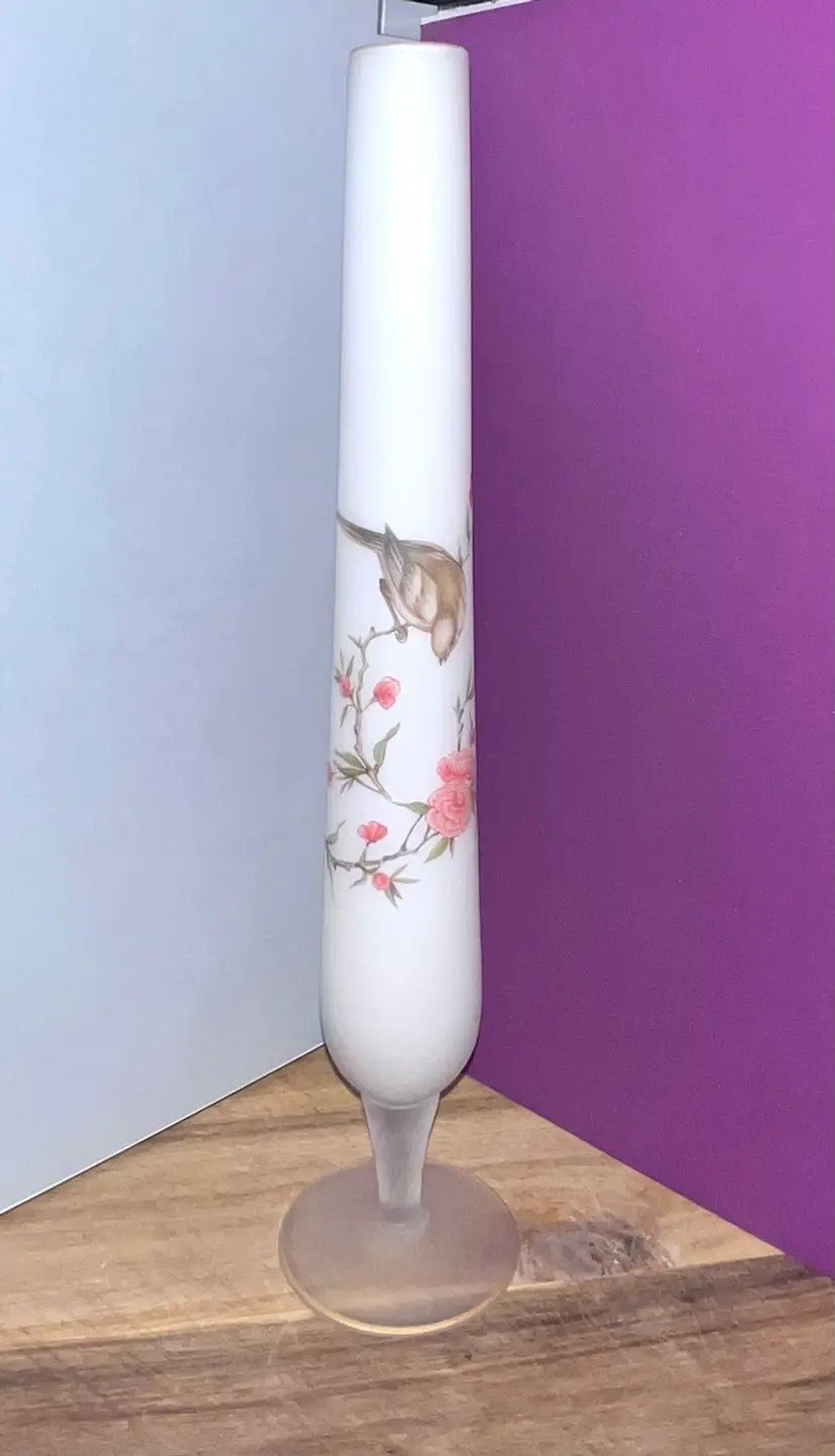 Vintage 1960’s Norleans Satin Glass Vase With Birds And Flowers