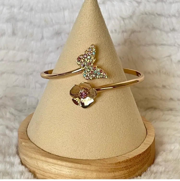 Signed Betsey Johnson crystal butterfly and flower hinged bracelet