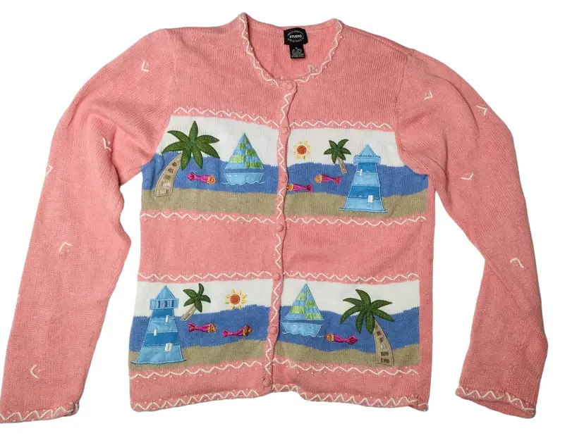 Designers Originals Studio Seaside Beaded Cardigan Sweater Sz M Coastal Grandma