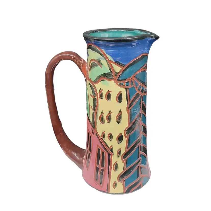 Vintage Signed Pottery Pitcher Studio Art Striking Cityscape Abstract Gorgeous Multicolor Heavy Signed