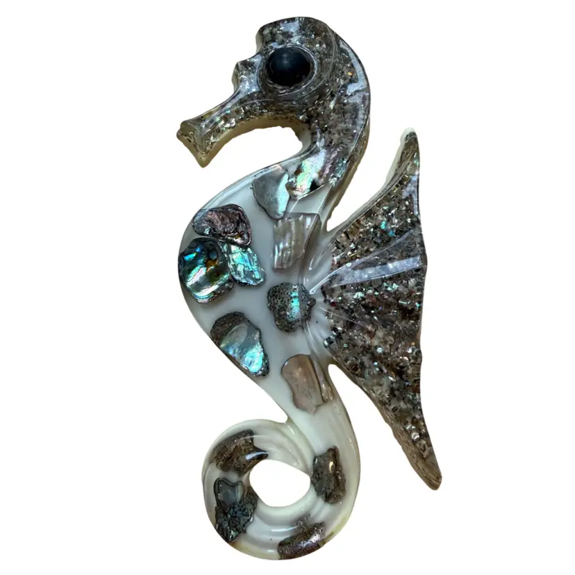 Vintage Lucite Acrylic Abalone gold White SEAHORSE 7" Clear Wall Hanger