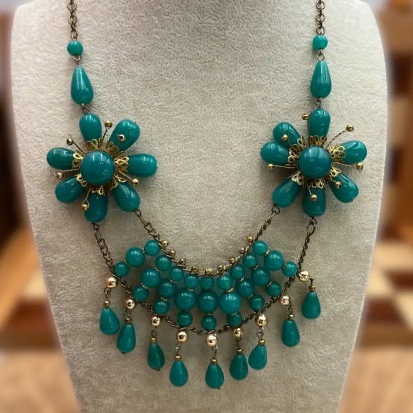 #J18 - Glass Blue Green Gold Flower Statement Necklace - New Old Stock
