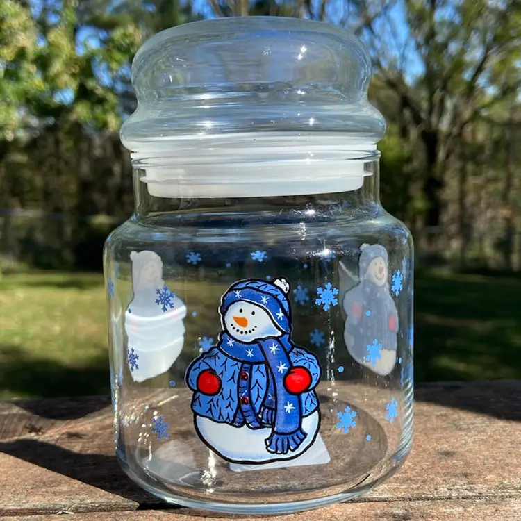 Libbey, Bubble-top Snowman Jar / Canister. 5.5”h.
