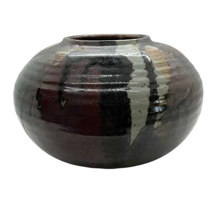 Vtg. Hand Thrown Marked Studio Pottery Vase Earth Tone Drip Glaze Organic Shaped