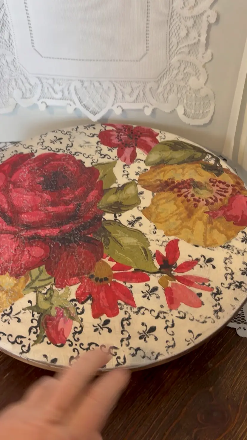 Up-Cycled By Me Wood Painted Stenciled Transferred Florals Lazy Susan 15”