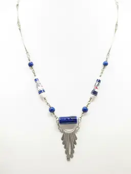Vintage Peruvian Ceramic Beaded Silver Tone Blue White Necklace