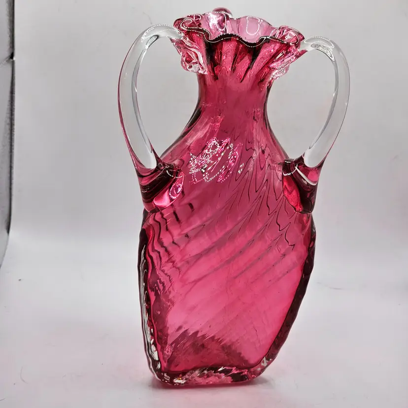 Cranberry Glass Swirl Vase With Clear Applied Handles 3 Sided Vintage Handblown 8.5"