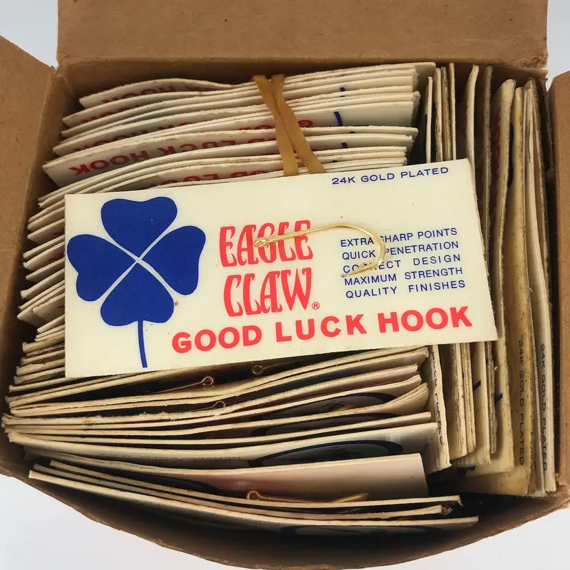 Vintage Box of 100 Eagle Claw 24K Gold Plated Good Luck Fishing Hooks Size 4