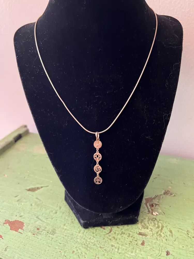Vintage Sterling Necklace. 16.5" 925 Chain. Lotus, Tree Life, Yin Yang, Om