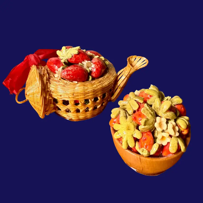 Vintage PAIR Faux Strawberry Teapot/Bowl Sculptures, Wicker Wood Multimedia READ