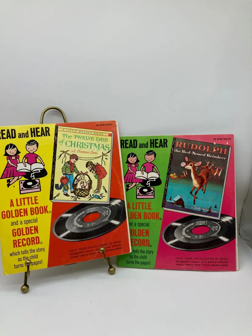 RARE READ & HEAR 'Rudolph the Red Nosed Reindeer' & 'The 12 Days of Christmas' 45 RPM GOLDEN BOOK