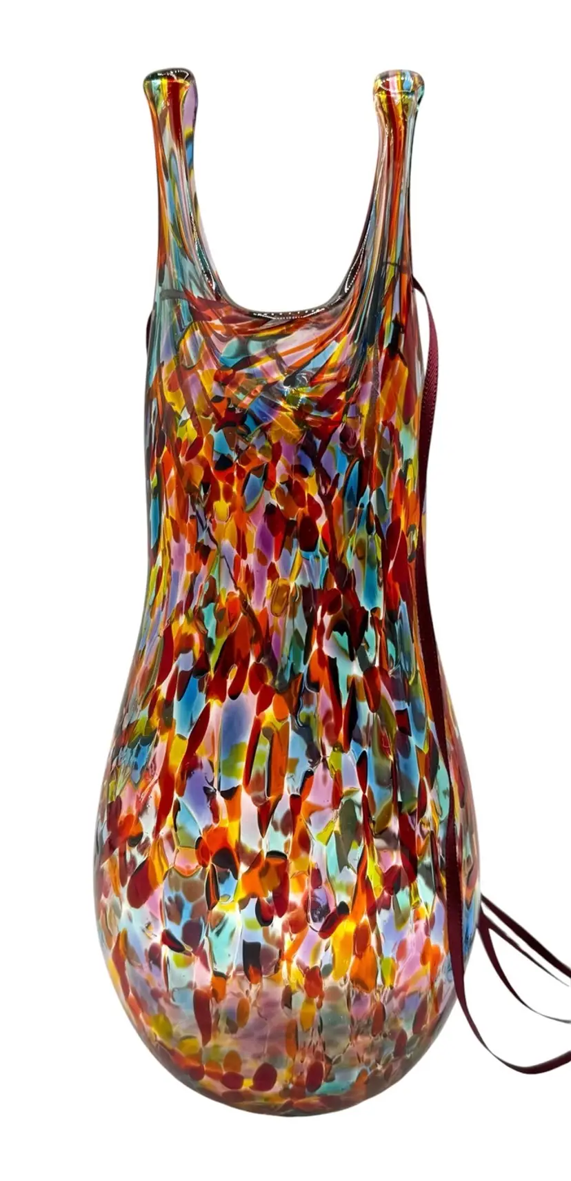 Signed Bert Schrack Howling Wolf Art Glass Vase Swimsuit Rainbow Hanging 9.75”