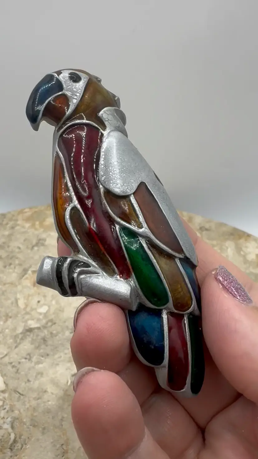 Vintage Painted Wood Scarlet Macaw Brooch signed D.L.