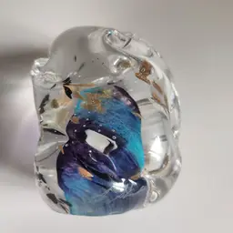 Signed Purple Blue Gold Swirl Paperweight 3.25 In