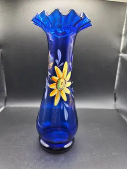 Vintage Hand Blown/ Painted Blue Glass Vase With Fluted Gold Edge Floral Design