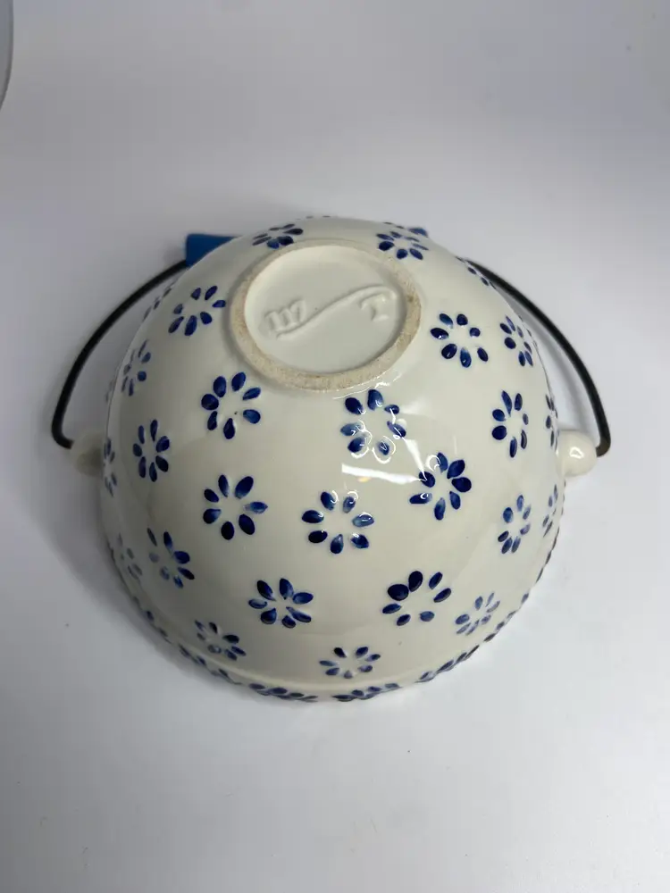 Polish Pottery Bowl with Handle by Caramika Artustyczna in the Forget Me Not Pattern
