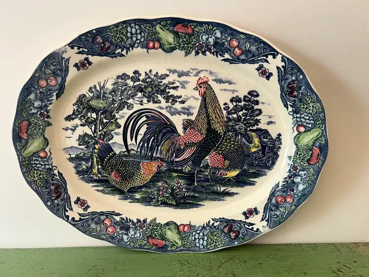 Vintage Transferware Farmhouse Platter. Blue Rooster Chicken Design. Serving Tray