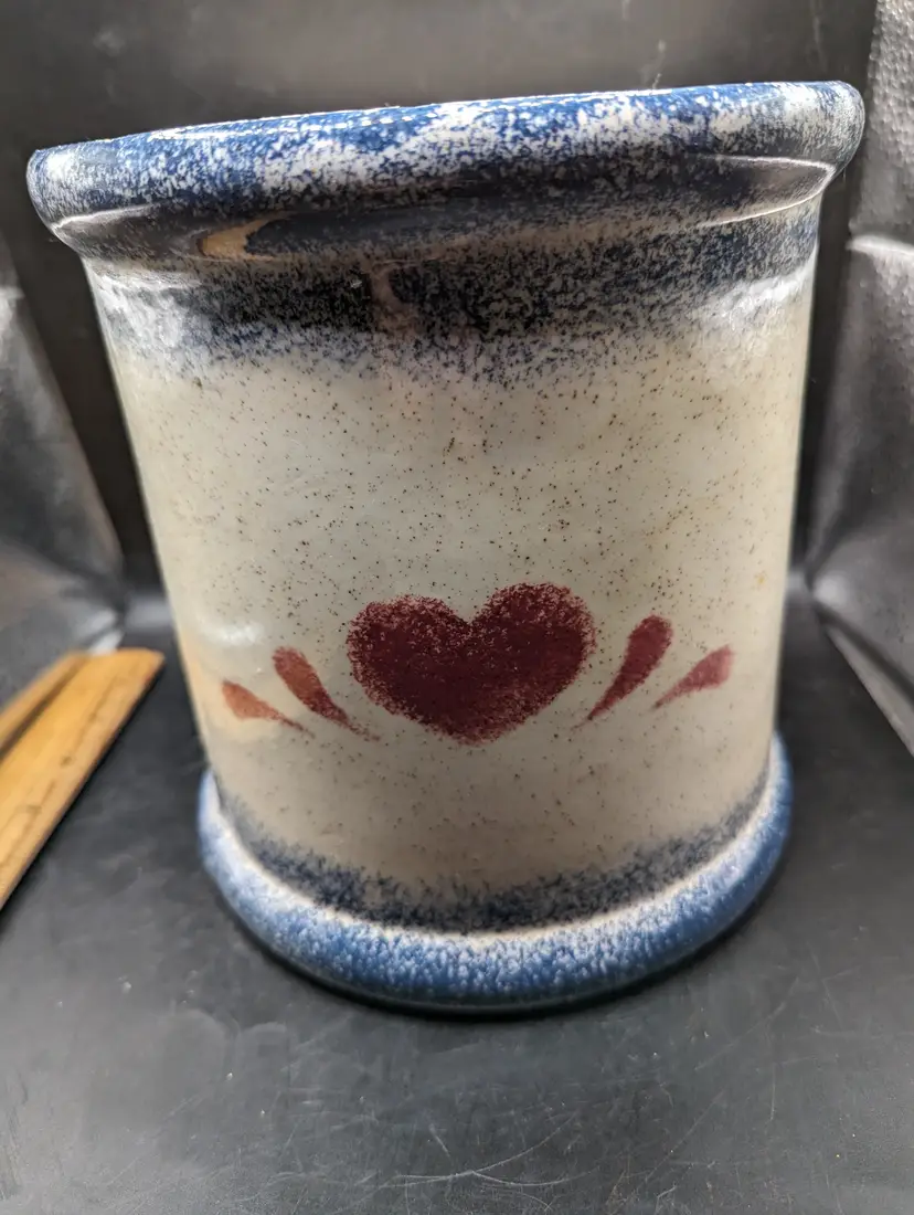 Ceramic Crock With Blue Spongeware and Heart Design