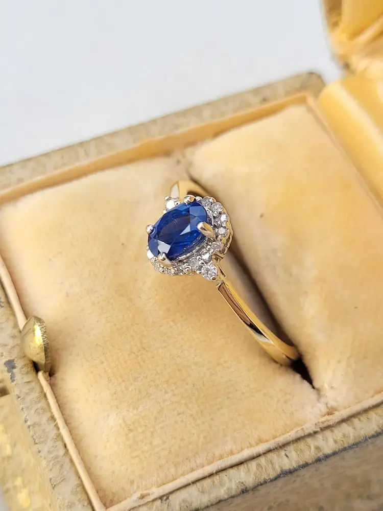 Vtg 14k Gold Natural Sapphire Diamond Princess Di Style Halo Ring Sz 7.5 - 2.1g