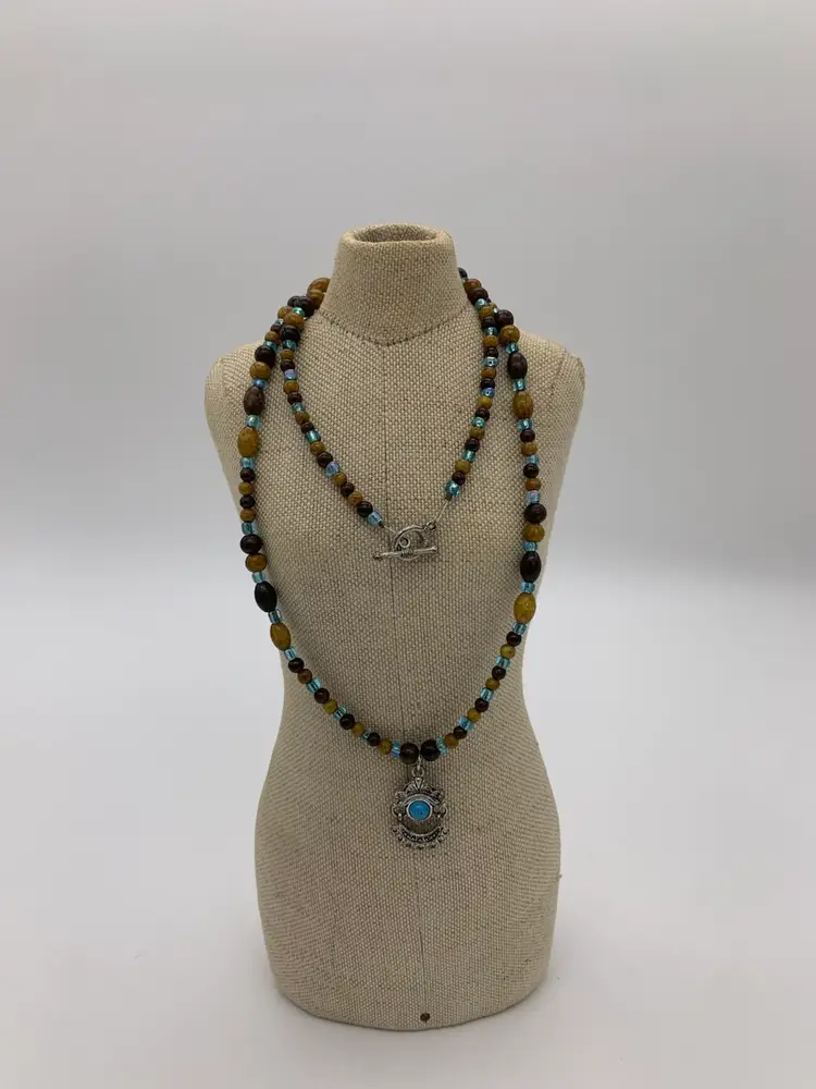 Handcrafted Boho Navajo Necklace 24” With Brown Tan Turquoise Beads & Pendant