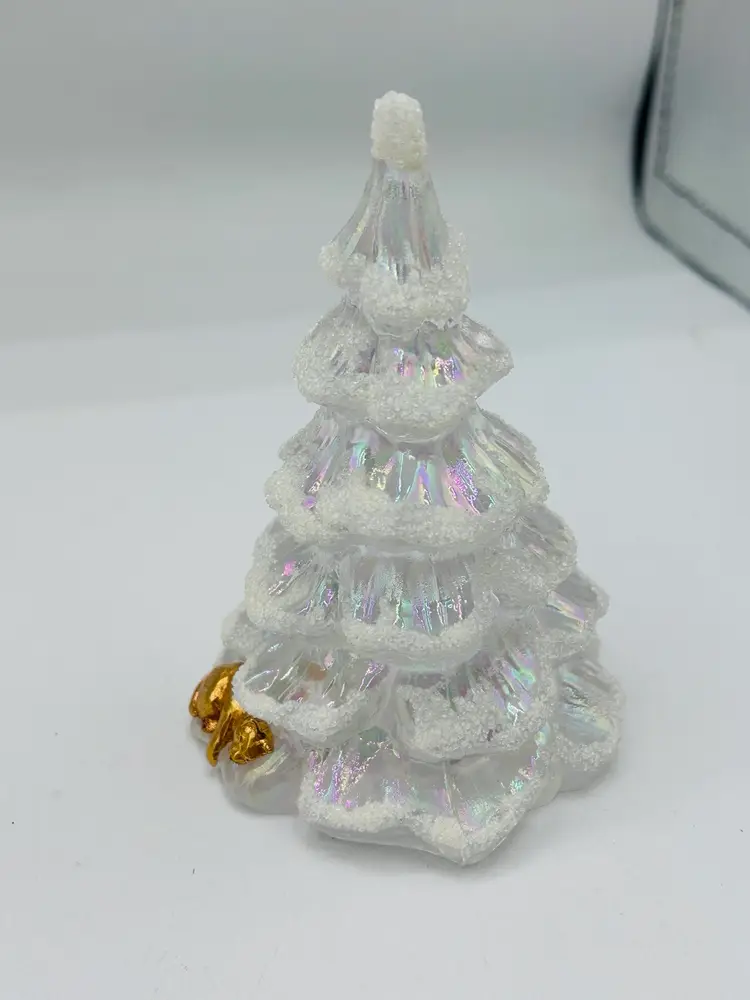 FENTON Art Glass White Iridescent Flocked Tree w Gold Tone Dove 5”