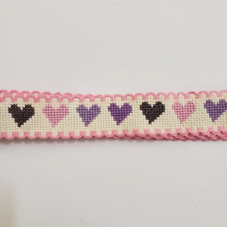 New Cross-stitched heart themed Ribband ivory with pink trim.