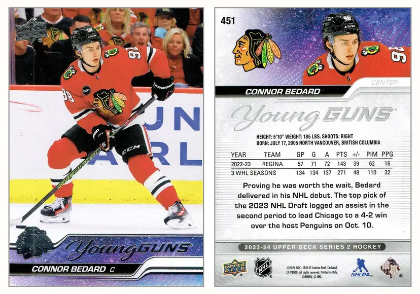 2023-24 Upper Deck Young Guns Connor Bedard Rookie Card