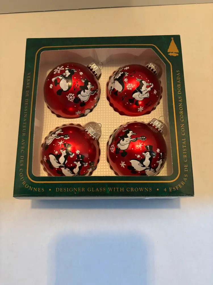 Vintage Christmas by Krebs  "Happy Penguin" 4 Red Glass Christmas Ornament