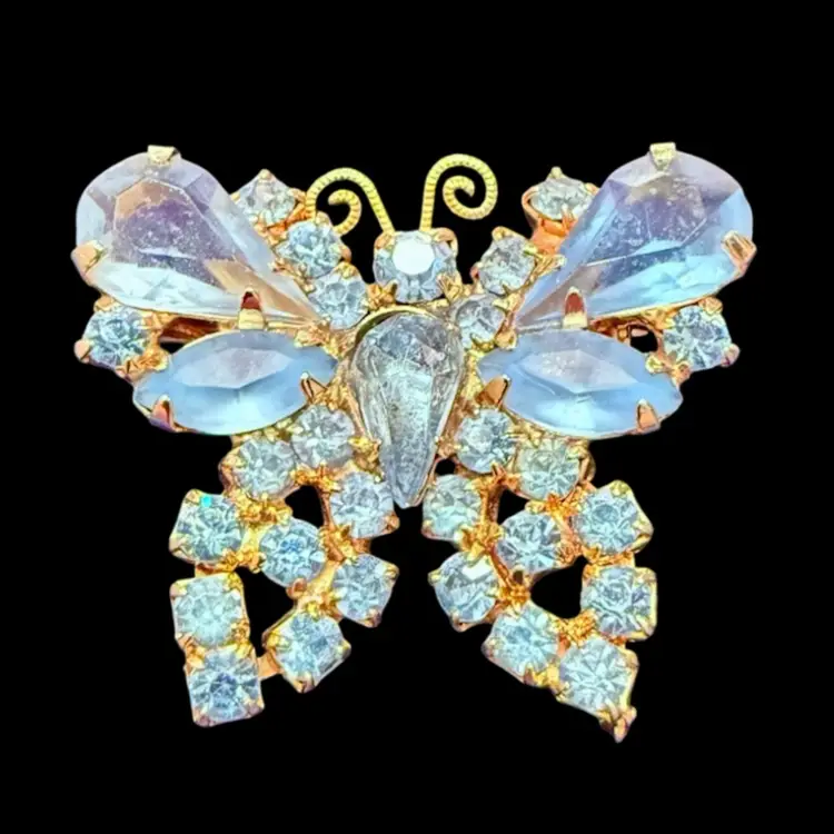 Vintage MCM Pale Blue Prong Set Rhinestone GoldTone Butterfly Brooch 1.50”x 1”