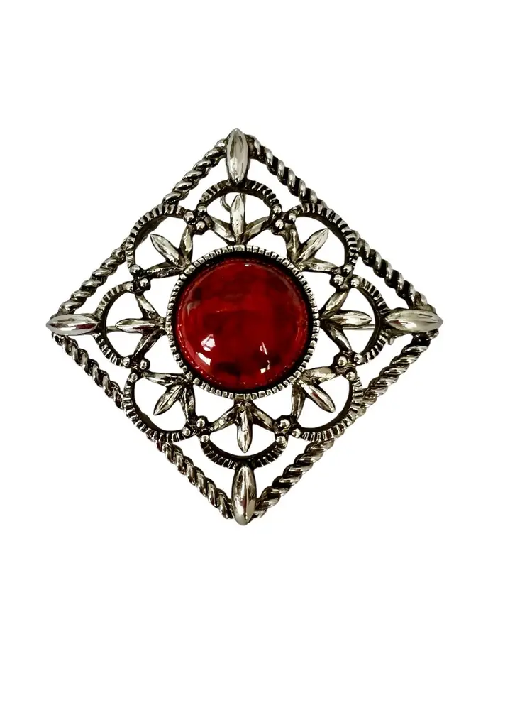 Vintage  Sarah Coventry Red Fire Cabochon Pendant Brooch  Silver Tone #ofc-2