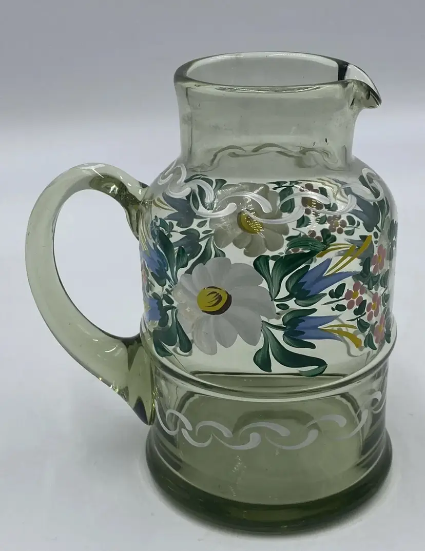 Romania Greenish Clear Hand Painted Floral Glass Mini Pitcher Creamer Vase 