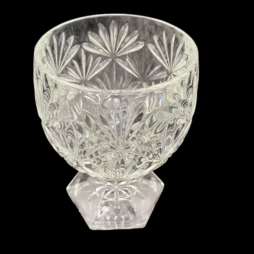 Vtg. Crystal Goblet Bowl, Crystal Posey Vase, Pressed Fan Design, Hexagon Base