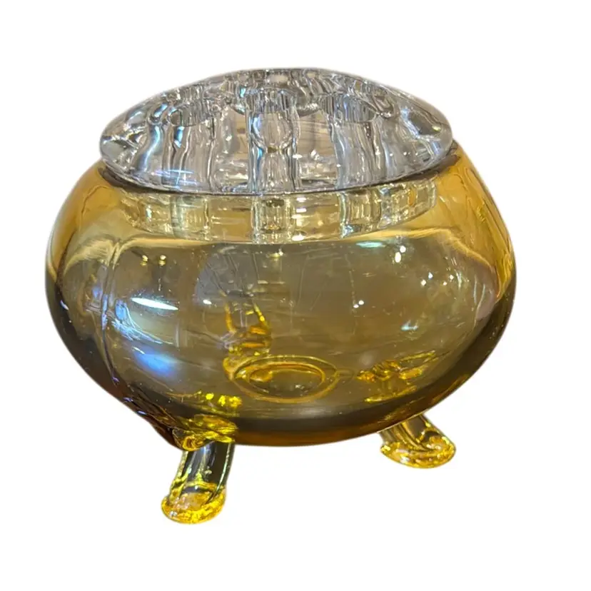 Viking Glass Amber 3 Toed Footed Flowerlite Bowl Vase with Flower Frog