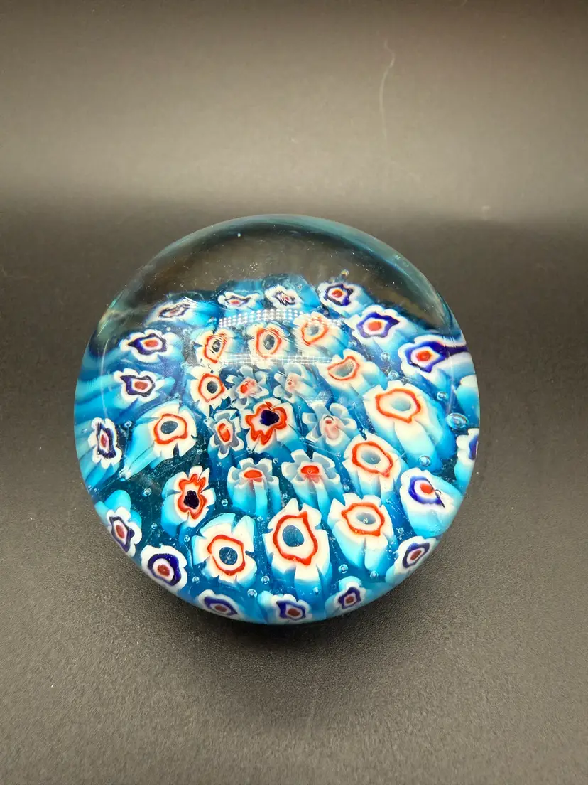 Millefiori Paperweight Red, White, and Blue Flowers