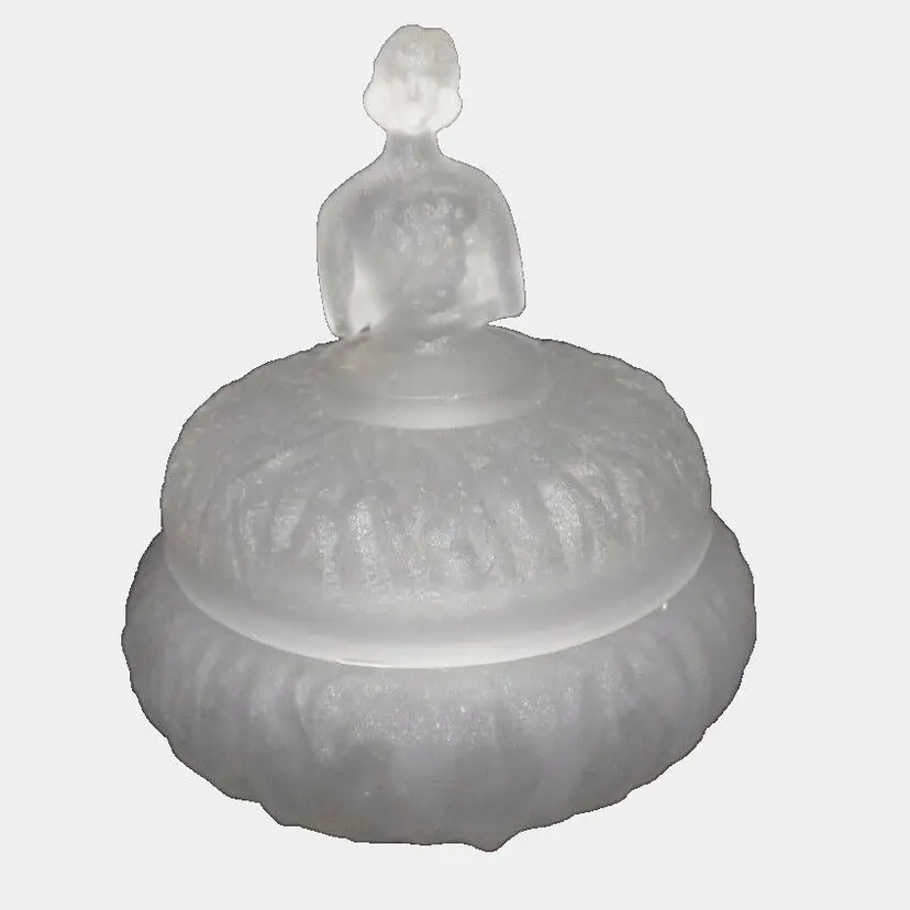 Art Deco LE Smith, LILLIAN Frosted Crystal Figural Powder Jar, VERY RARE 1940s
