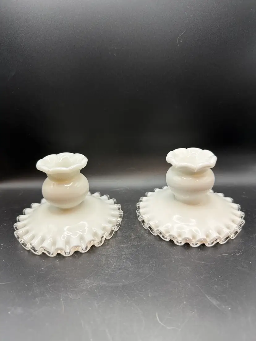 Pair Of Fenton Ruffled Silvercrest Milk Glass Candlesticks