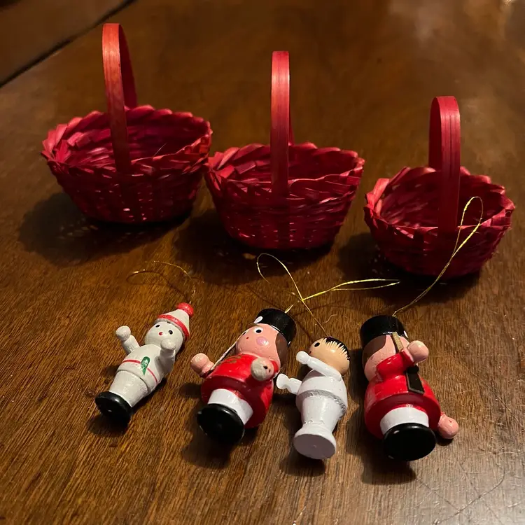 3 Baskets Filled With 4 Wooden Christmas Ornaments