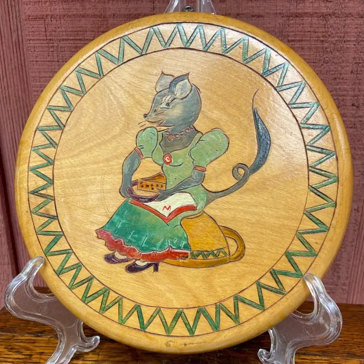 Wooden Wall Decor, Hand-painted Mouse On Teacup With Plate Of Cheese. Includes Hanger. 7.5”