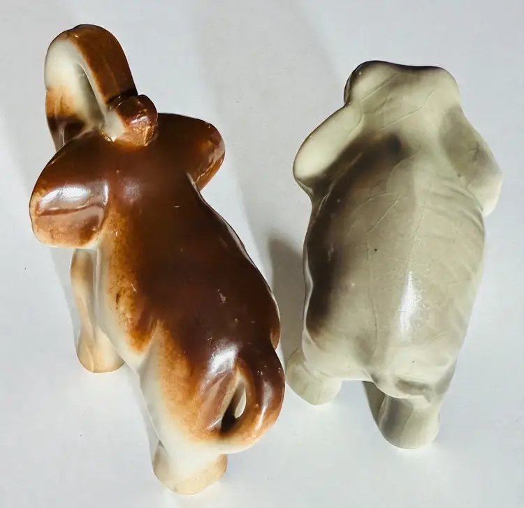 2 MCM Vintage Ceramic Trunk Up Elephants - About 3.5” x 2.5” -