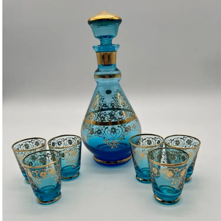 Vintage Italian Blue & Gold Design Decanter & Six Glasses