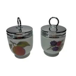 Made In England Royal Worcester Set Of 2 Egg Coddled Chrome Screw On Lid Peach On One Side Berries On Other @3 1/2” Tall