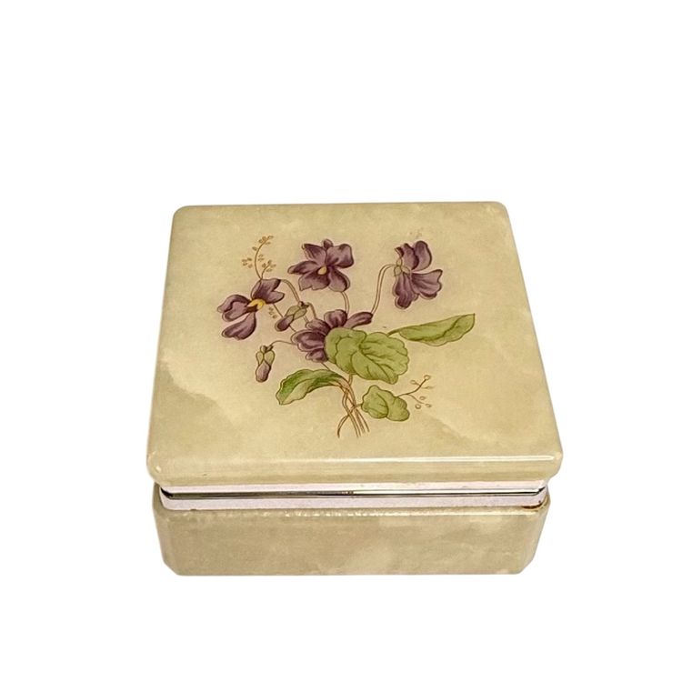 Vintage Alabaster Trinket Box Hinged Lid  Violet Flowers
3-1/2” W x 1-5/8” T