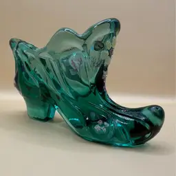 Fenton Spruce Green Hand Painted Floral Victorian Shoe UV Glow 5”