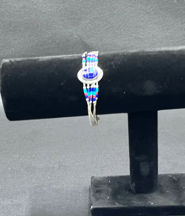 Sterling Silver Multi-Strand Bracelet with Inlay Lapis, Turquoisee & Coral Beads - Native American Style