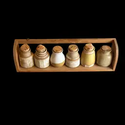 Wooden Hanging Shelf with Six Pottery Jars with Cork Lids