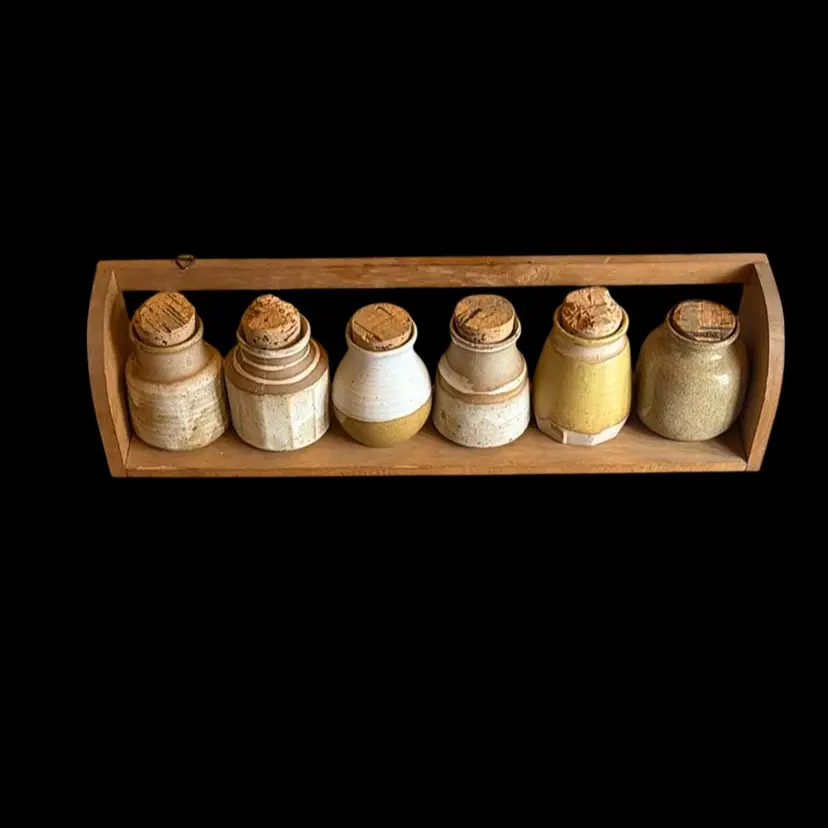 Wooden Hanging Shelf with Six Pottery Jars with Cork Lids