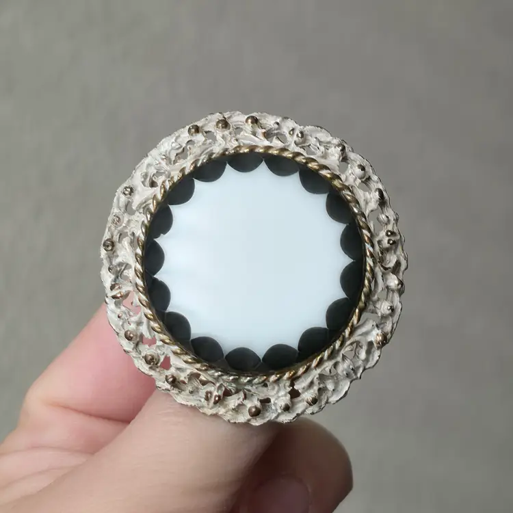 Vintage White Glass Black Design White Enamel Brooch