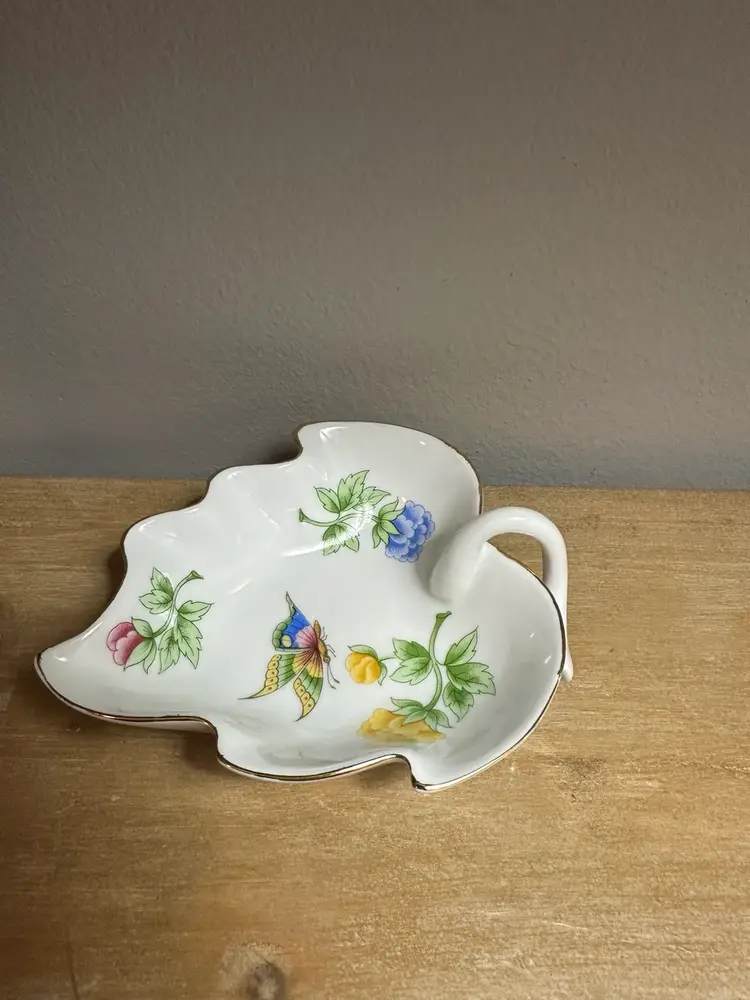 Vintage Hollohaza Hungary Porcelain Hand Painted Leaf Dish with Gold Trim
